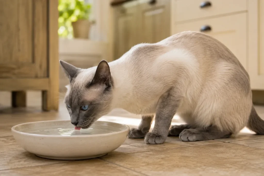 Blue Point Siamese drinking from a wide ceramic bowl — proper hydration is core to cat nutrition