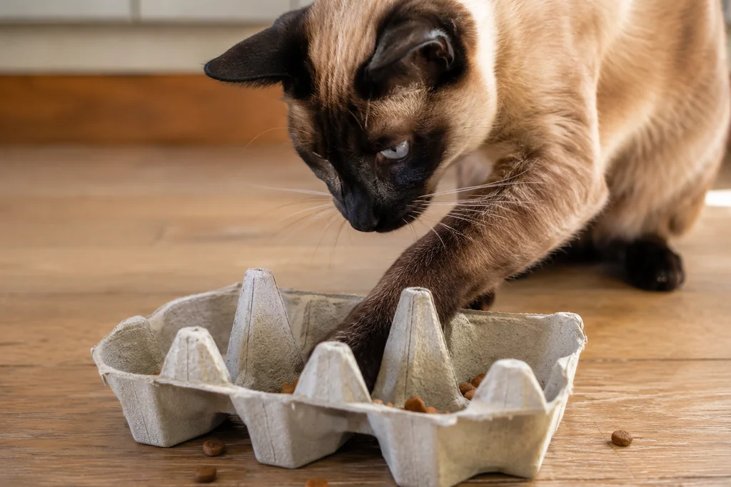 Indoor cat egg-carton enrichment — puzzle feeder hunt Indoor cat with paw in egg carton fishing for treats — free DIY enrichment for keeping indoor cats happy