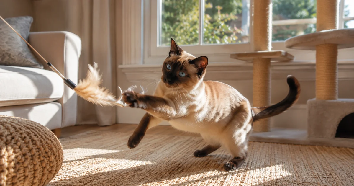 Indoor Siamese cat playing with feather toy — UK home enrichment Indoor Siamese cat playing with enrichment toy in a UK home — keeping indoor cats happy through active play and stimulation